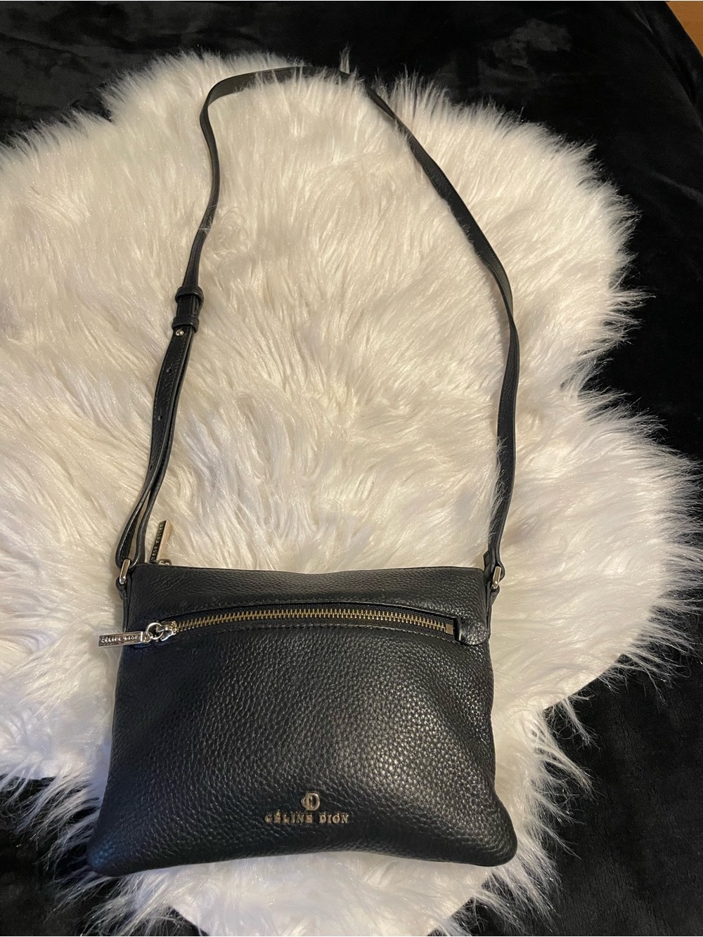 Celine Dion Black Pebbled Leather Zip Crossbody
